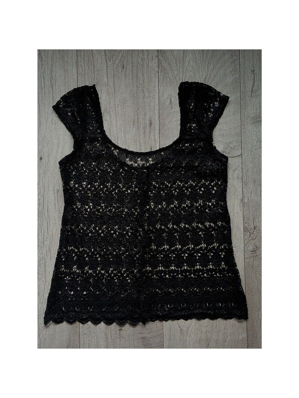 Womens Black Cap Sleeve Crochet Textured Sheer Lace Floral Y2K Blouse Top Medium